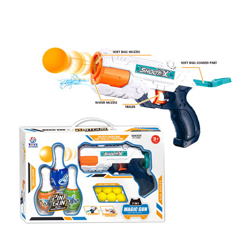PISTOLA LANZA PELOTAS Y AGUA CON BOWLING